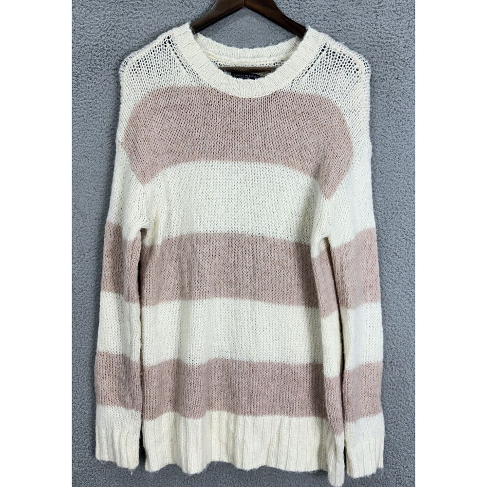 American Eagle Sweater Womens Medium Pink Ivory Striped Oversized Open Knit Cozy